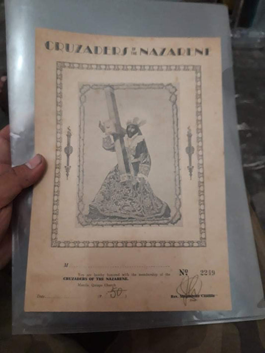Rare 1930s Cruzaders of Nazarene Membership Certificate with sign by Rev. Magdaleno Castillo who built Quiapo Church when destroy at that time
